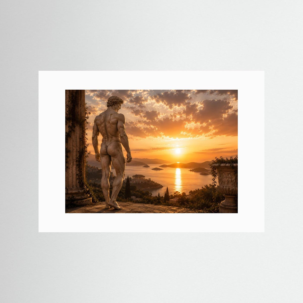 Poster im Querformat mit antiker männlicher Statue, weißes Passepartout