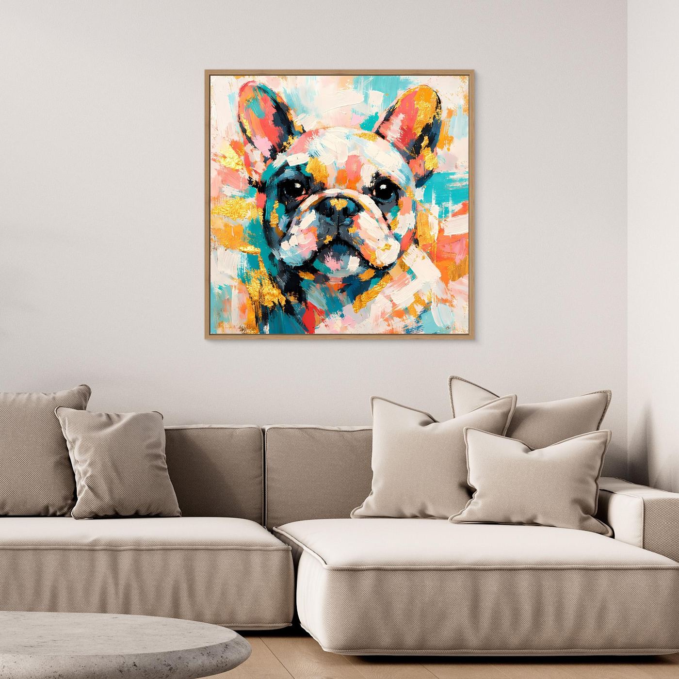 Leinwandbild Französische Bulldogge mit hellem Holzrahmen, abstraktes Farbporträt