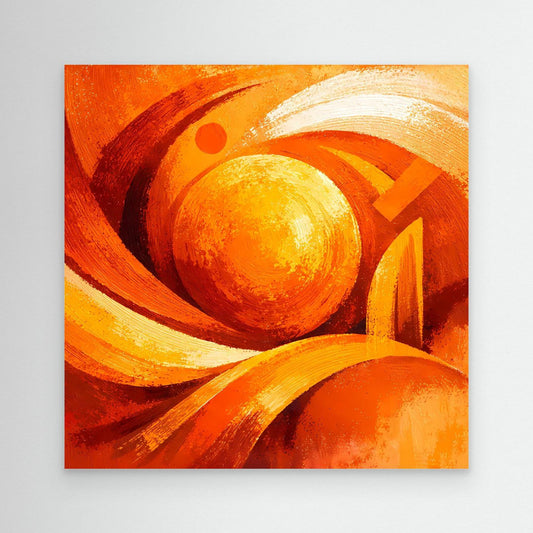 Abstraktes Leinwand-Wandbild: orange-gelbe Wirbel mit runden Kreisformen, quadratisch