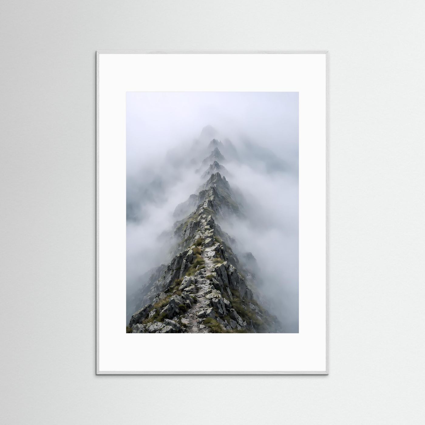 Hochformatiges Poster mit Bergspitze im Nebel, silbergrau gerahmt