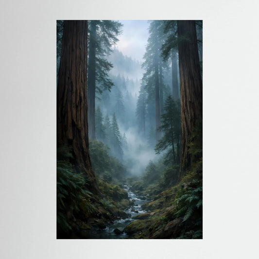 Hochformat-Wandbild mit dunklem Wald und Nebel, hohe Bäume, schwarzer Rahmen