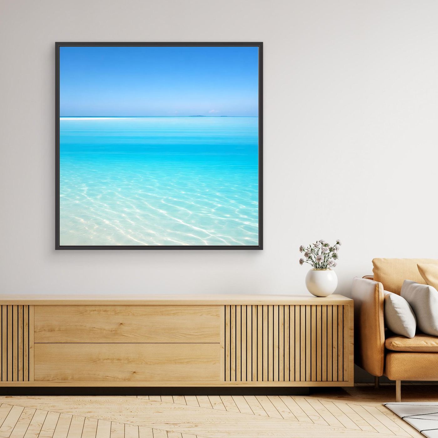 Leinwandbild Minimalistischer Ozean in Türkis, Strandmotiv mit schwarzem Rahmen