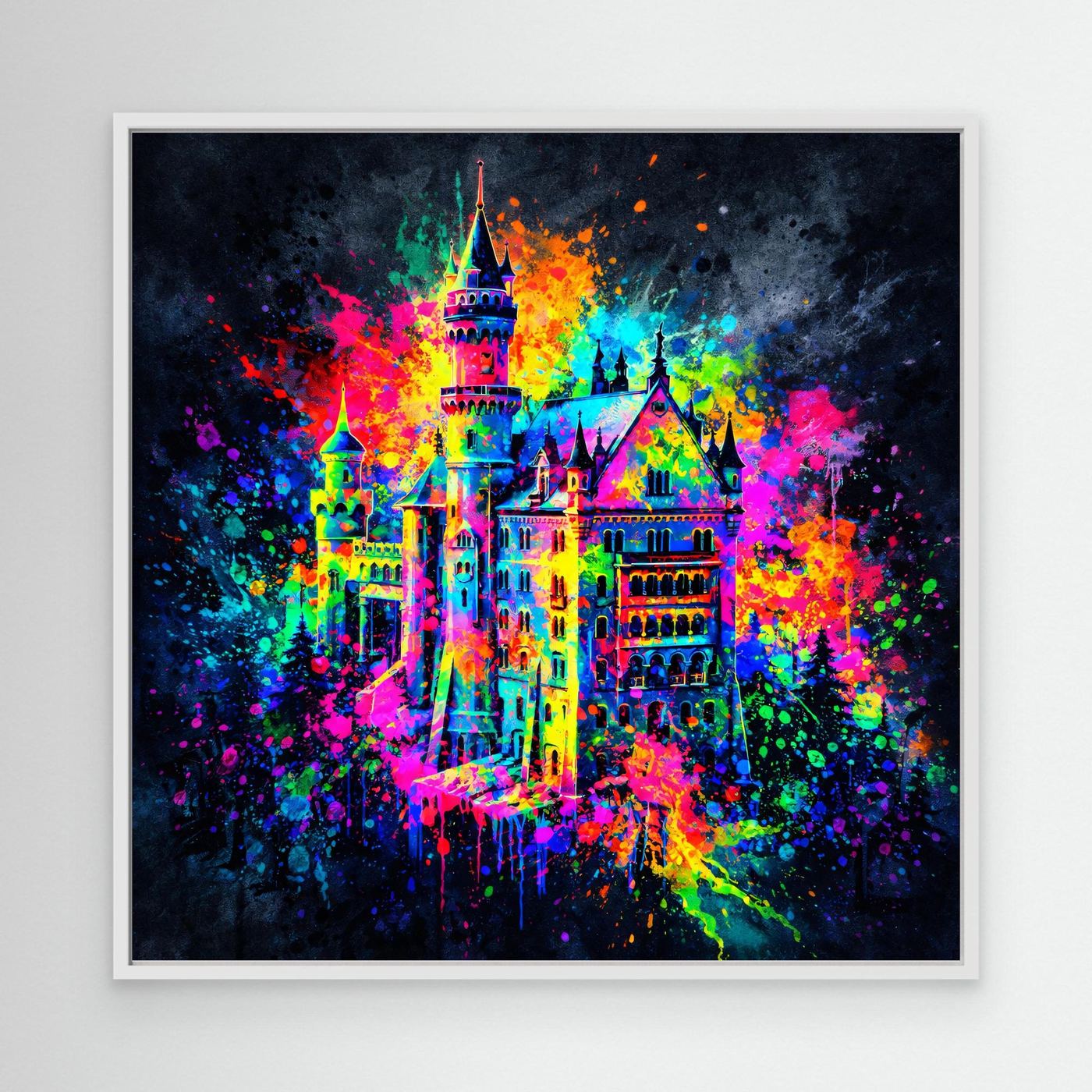 Leinwandbild mit bunter Graffiti-Schlossillustration, weißer Rahmen
