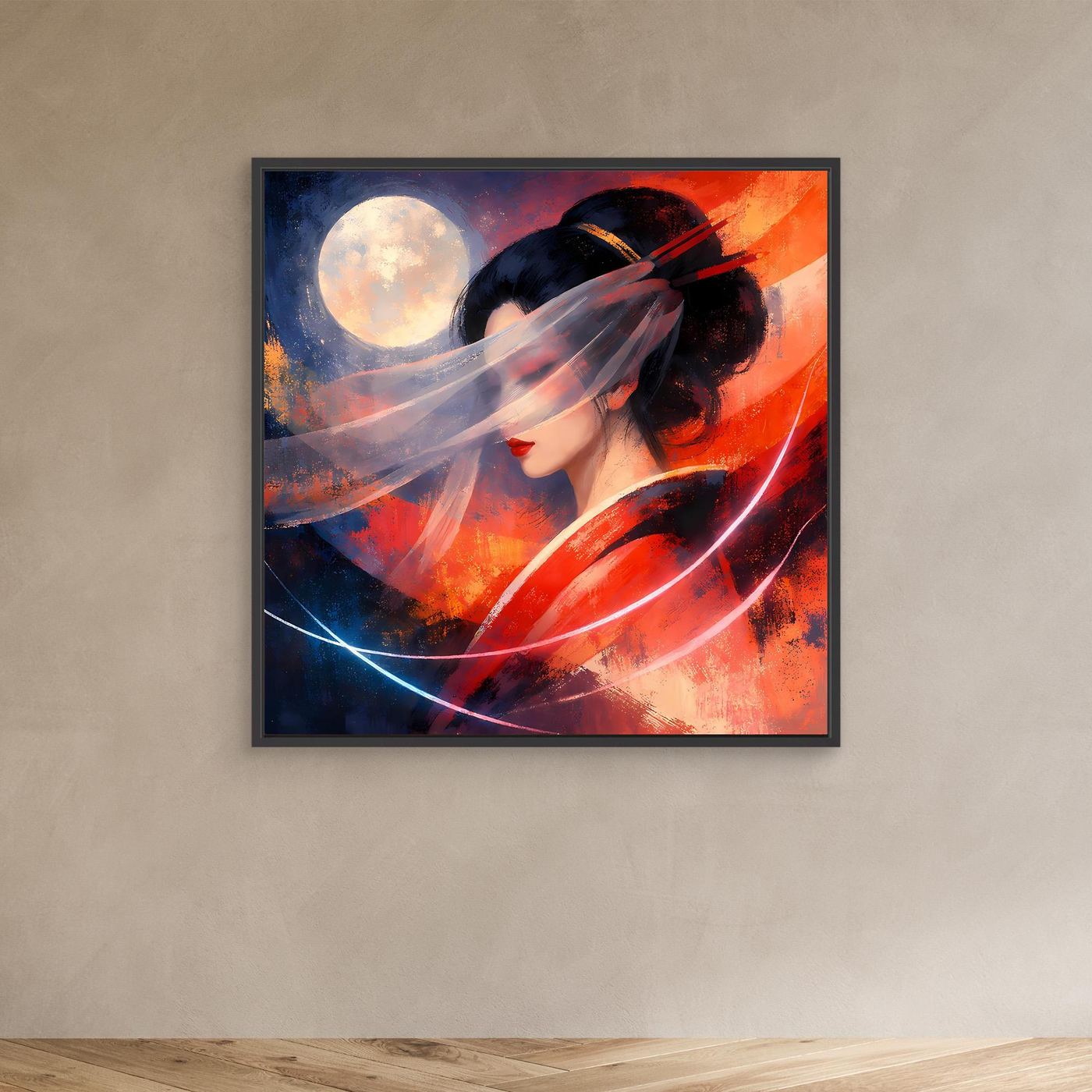 Gerahmtes Leinwandbild mit Geisha-Porträt, rotem und blauem Abstrakt, schwarzer Rahmen