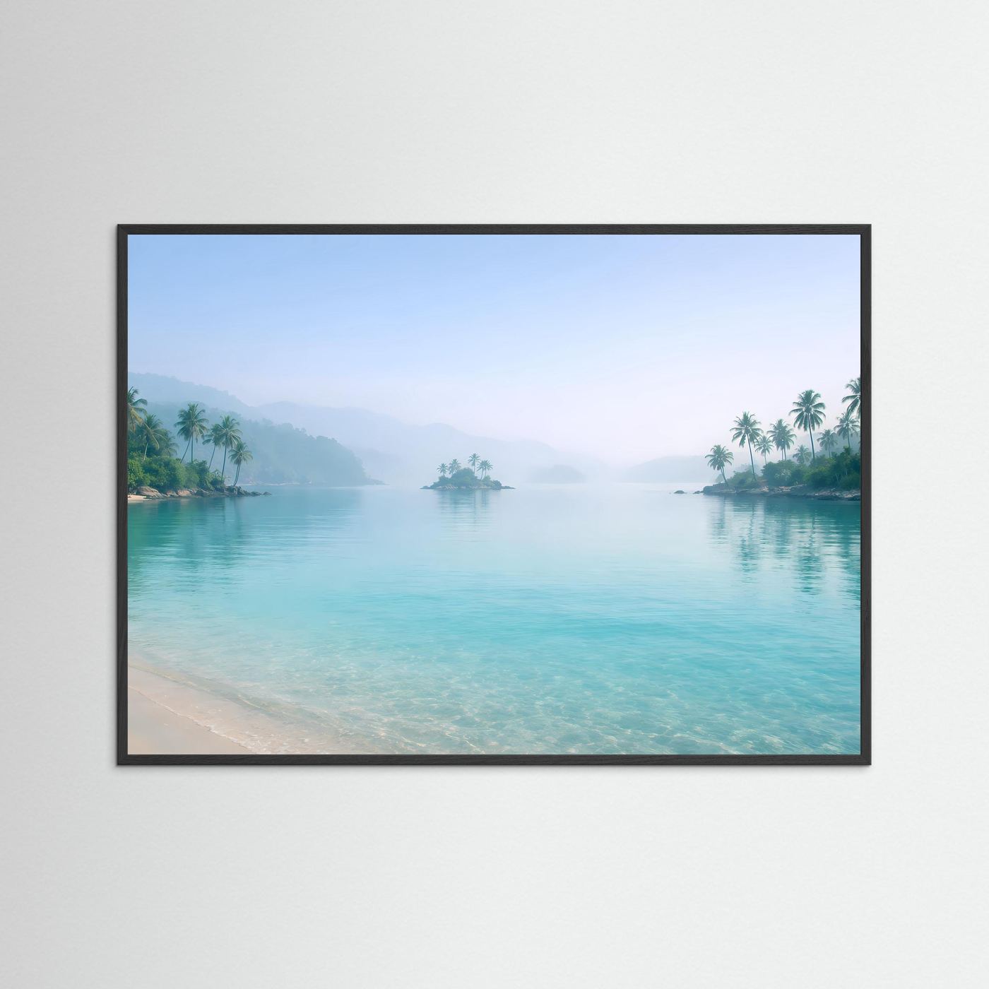 Tropisches Inselparadies im Nebel | Strand & Palmen Wandbild Querformat