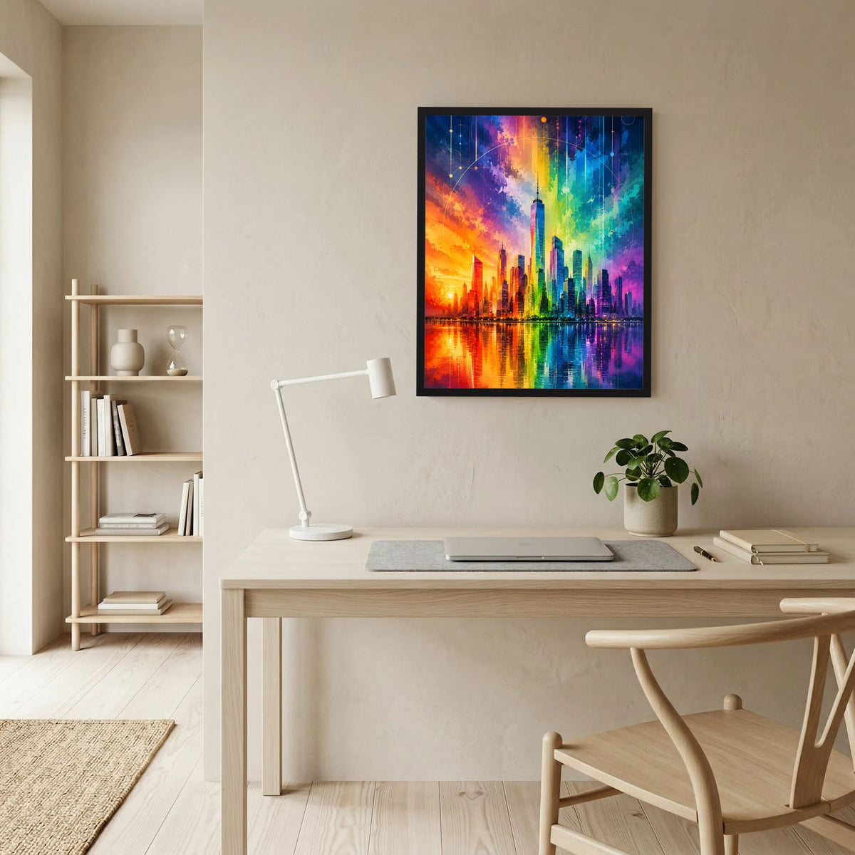 Gerahmtes Stadtposter mit abstrakter Skyline in Regenbogenfarben, farbige Spiegelung im Vordergrund