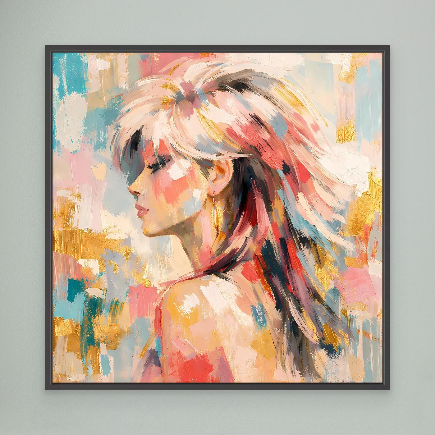 Leinwandbild mit abstraktem Frauenportrait, pastellfarben, schwarz gerahmt