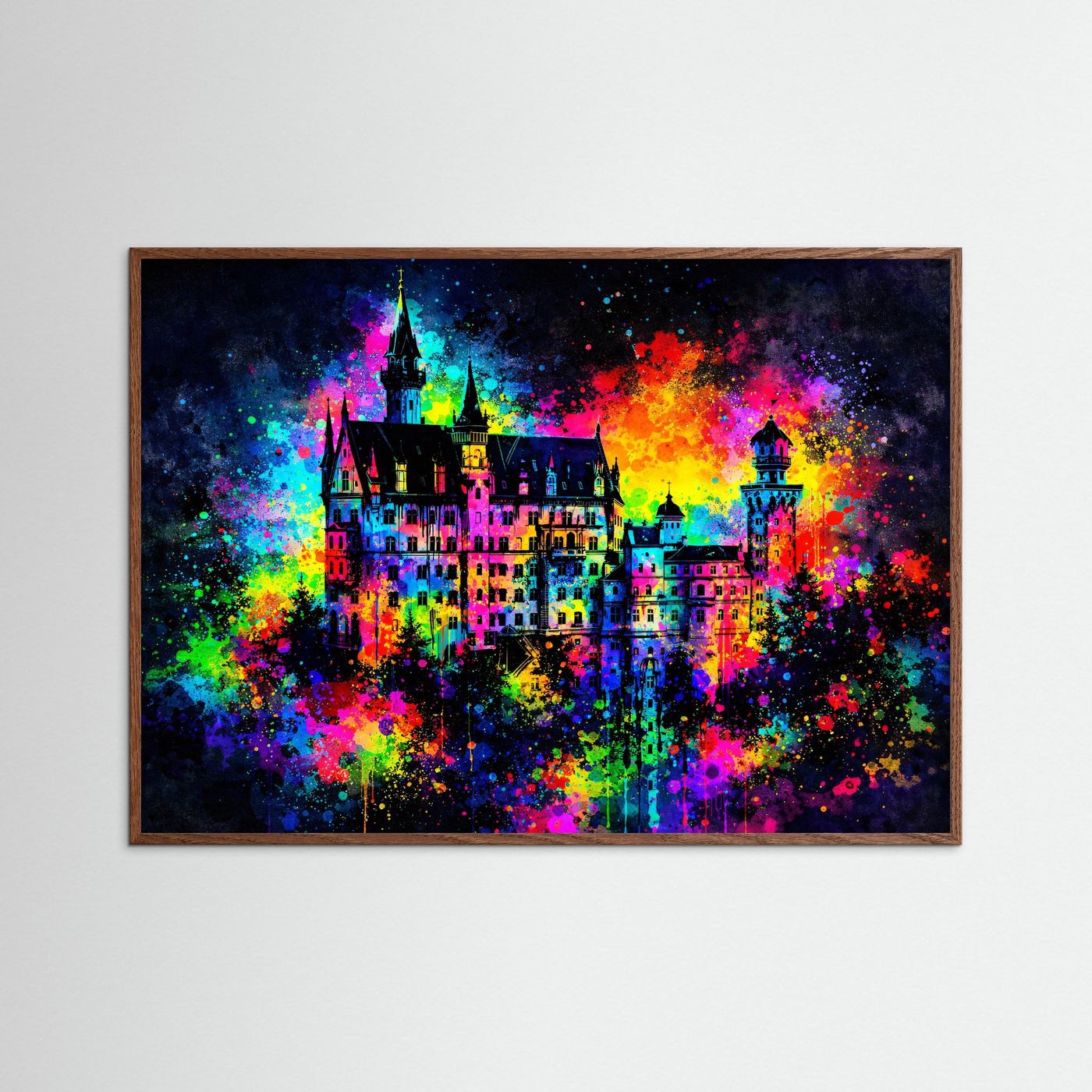 Märchenschloss Neuschwanstein in Farbexplosion | Buntes Schloss Wandbild & Kunst Poster Querformat