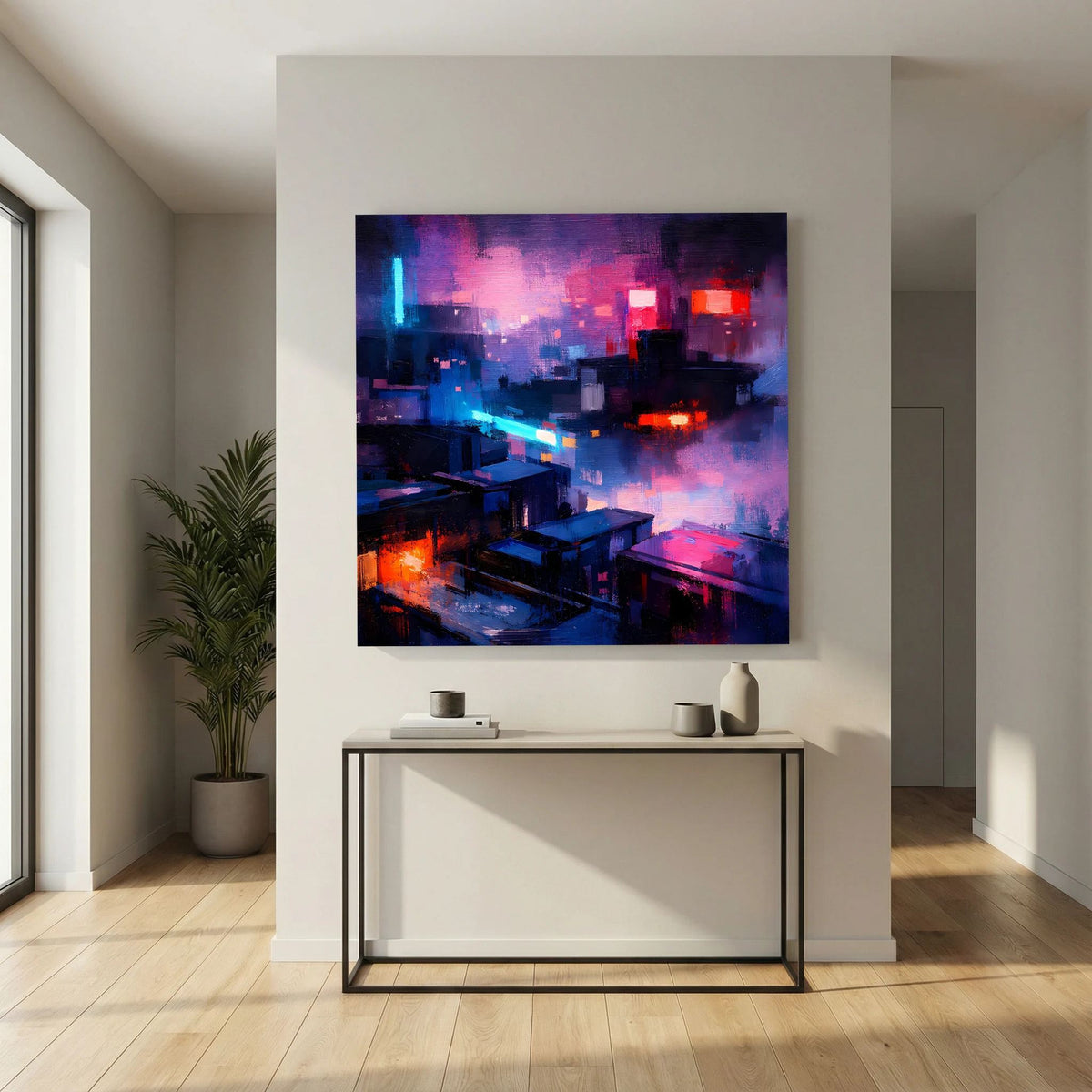 Wandbild auf Leinwand mit abstrakter Cyberpunk-Stadt bei Nacht, violett-rotes Licht