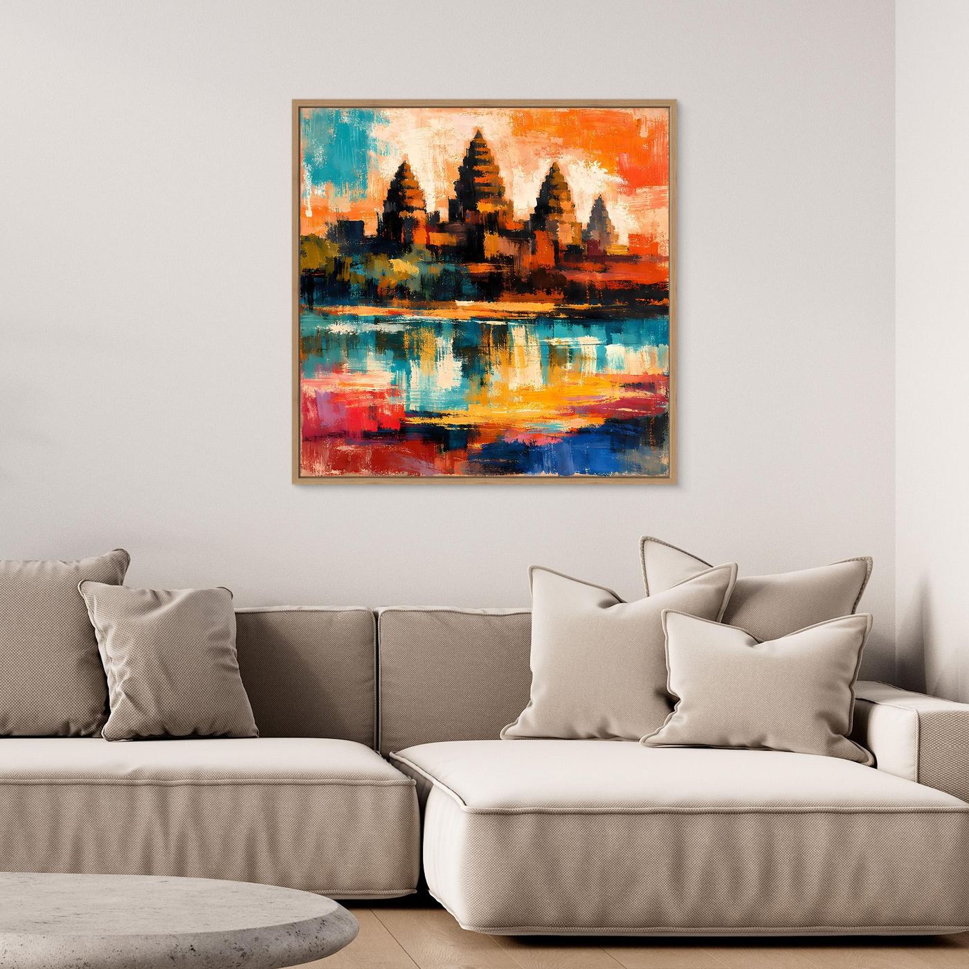 Abstraktes Leinwand-Wandbild mit Maya-Pyramide am Wasser, mit hellem Holzrahmen