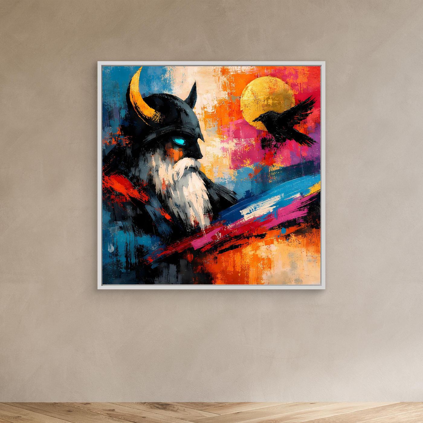 Abstraktes Leinwand-Wandbild mit Odin und schwarzem Rabenmotiv im hellen Rahmen