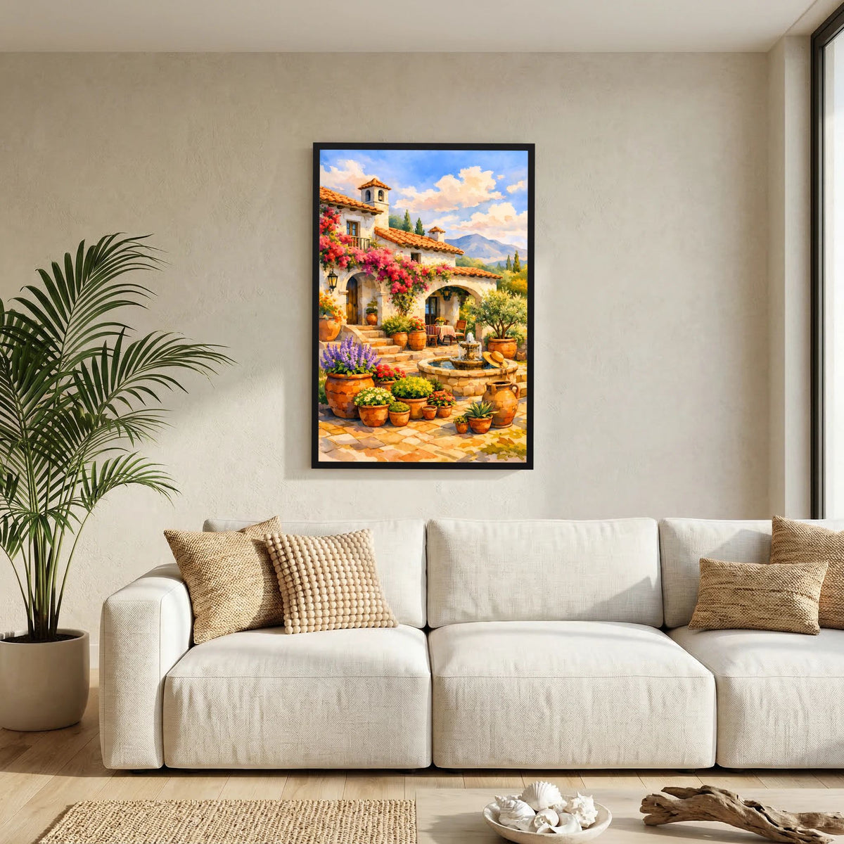 Hochformatiges Kunstposter mit mediterranem Innenhof, Blumen und Brunnen im schwarzen Rahmen