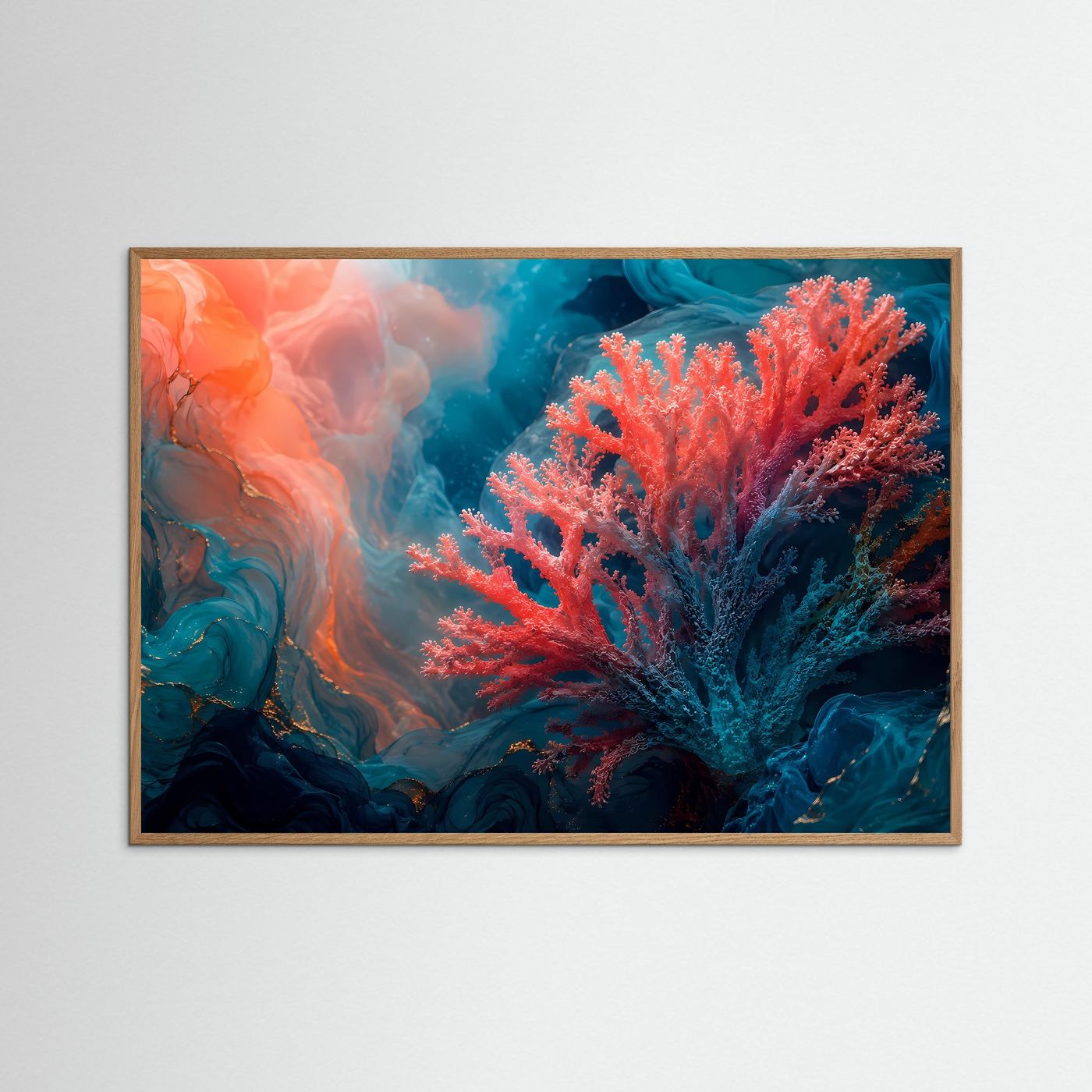 Unterwasser-Kunstposter mit Korallenmotiv in Coral- und Blautönen, heller Holzrahmen