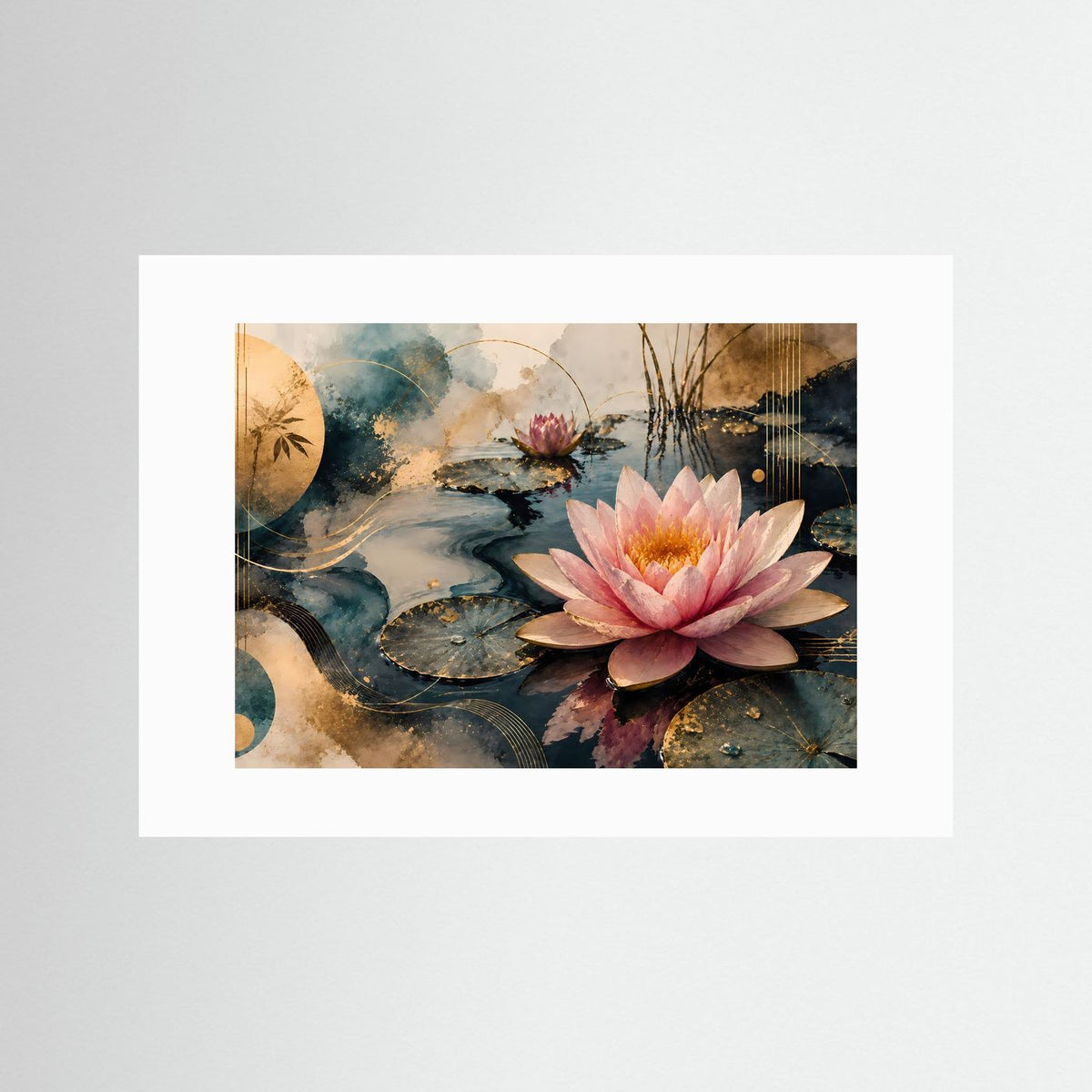 Kunstdruck im Querformat im weißen Passepartout: rosafarbene Seerose auf dunklem Wasser