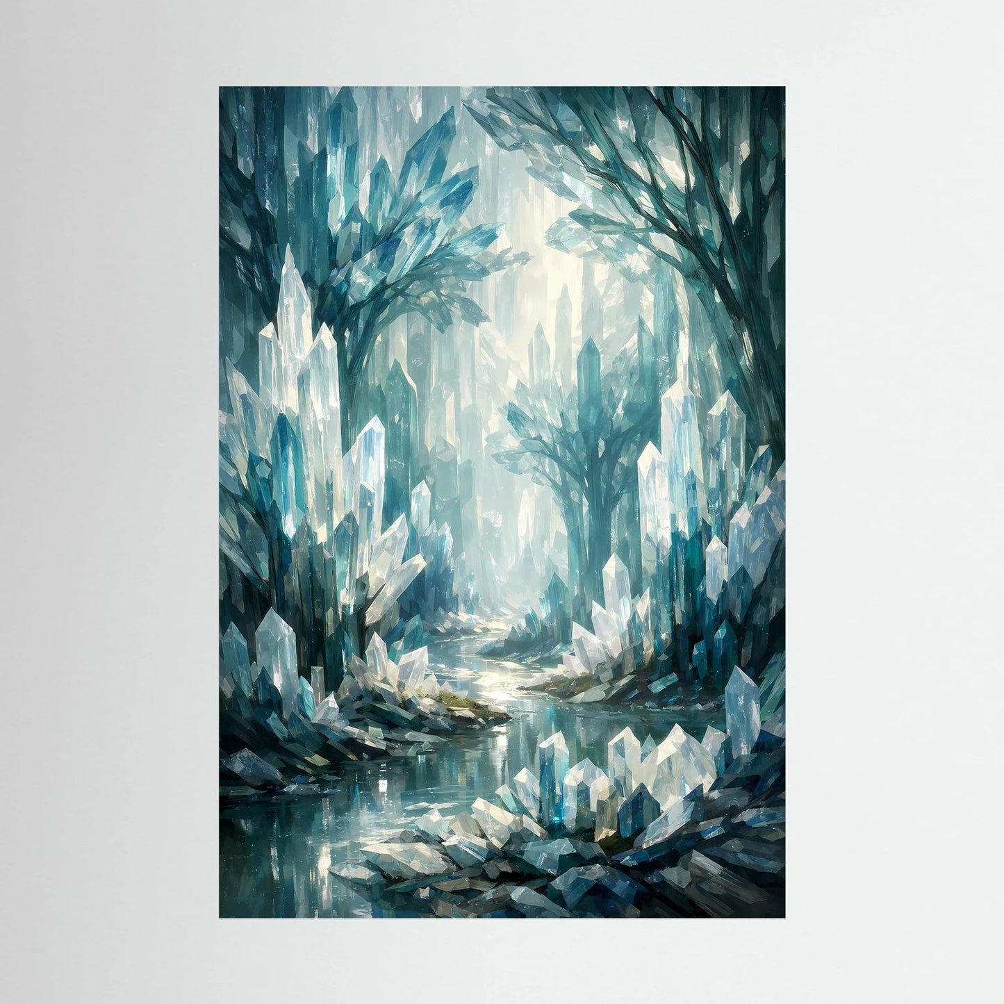 Fantasy-Wandbild mit blauem Kristallwald und kristallenen Steinen, ohne Rahmen, Nahansicht