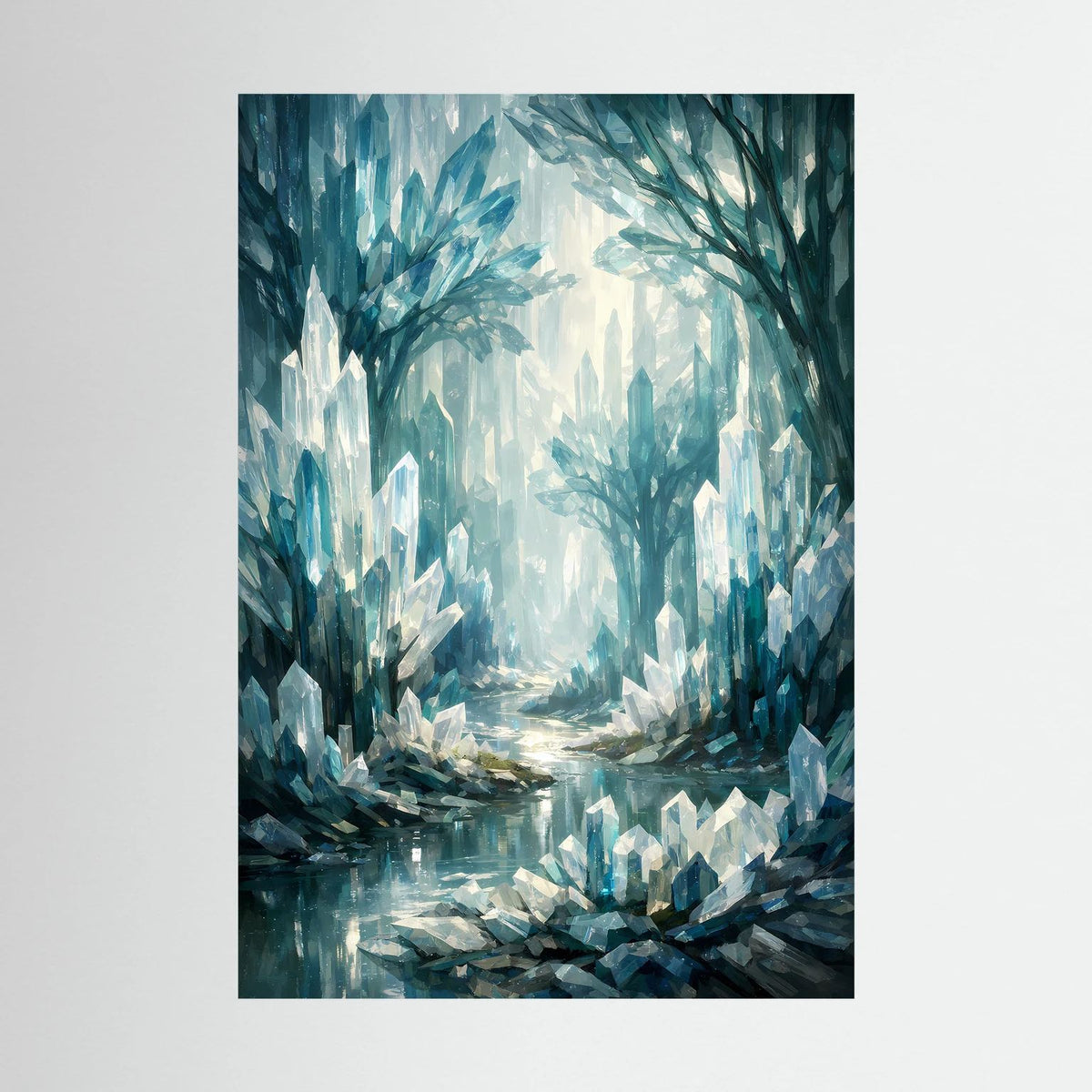 Fantasy-Wandbild mit blauem Kristallwald und kristallenen Steinen, ohne Rahmen, Nahansicht