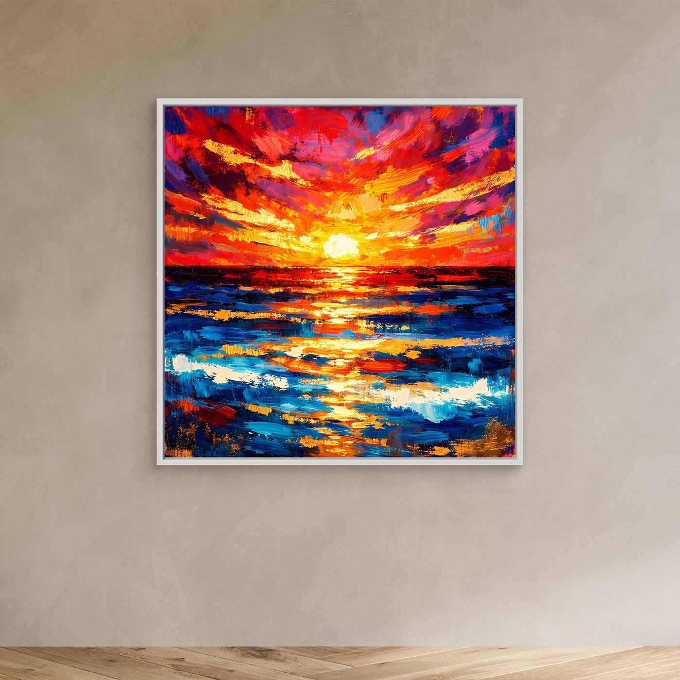 Abstraktes Leinwandbild Sonnenuntergang am Meer mit weißem Rahmen
