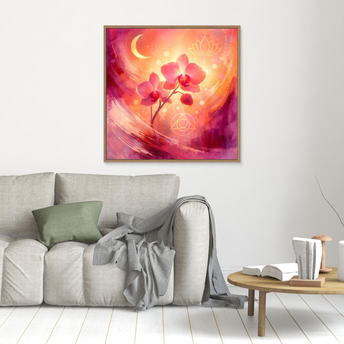Wandbild mit abstrakten Orchideen, Mondsichel und Lotus-Symbolen, im Holzrahmen