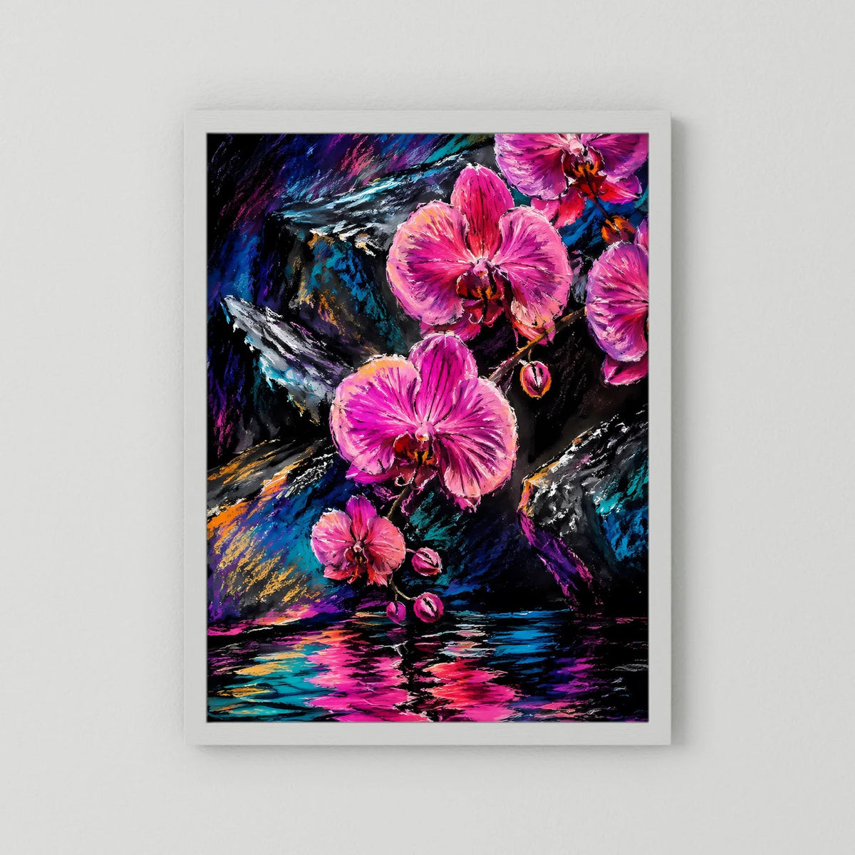 Abstraktes Orchideen-Poster mit pinken Blüten und buntem Farbspiel, weißer Rand.