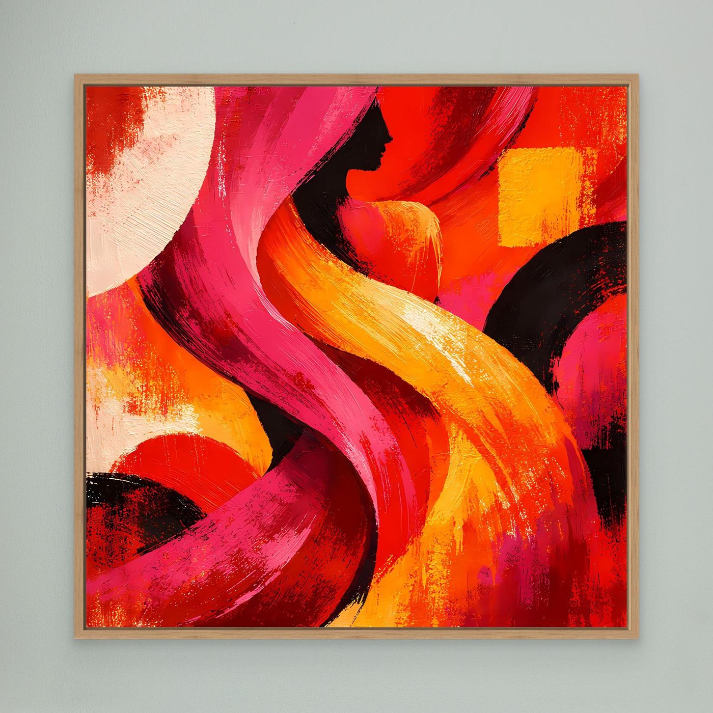 Leinwandbild mit abstraktem Silhouettenmotiv, rot, pink und gelb, mit hellen Holzrahmen