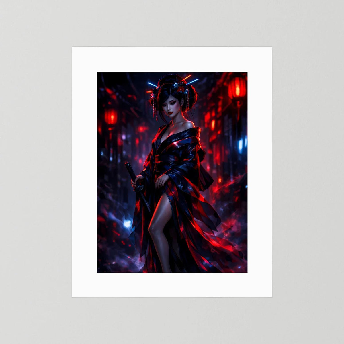 Senkrechtes Wandposter mit Kriegerin und Katana, Neon-Rot/Blau, weißer Rand ohne sichtbaren Rahmen