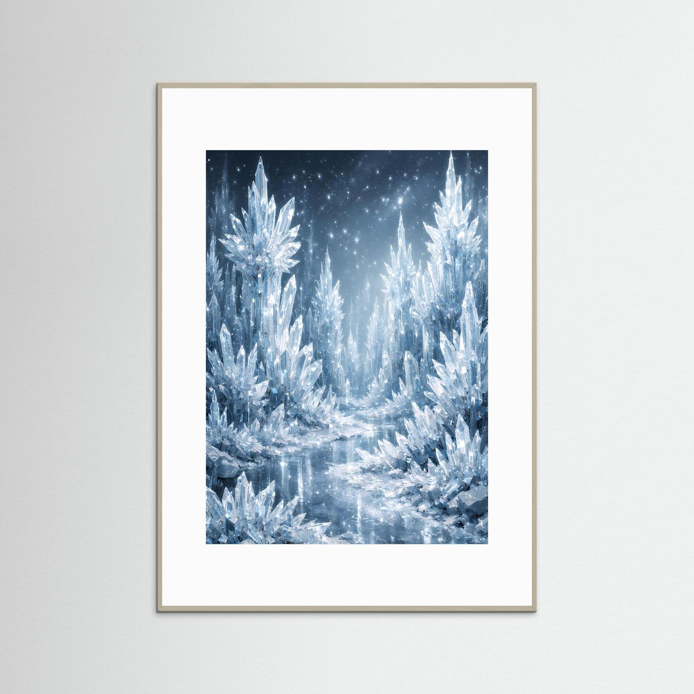 Eiskristall-Fantasyposter im Hochformat, graue Rahmenleiste, silberweiße Eisornamente