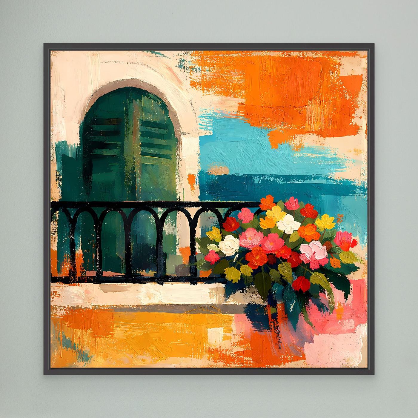 Framed Mediterranean balcony wall art with arched window and colorful flower bouquet, black border