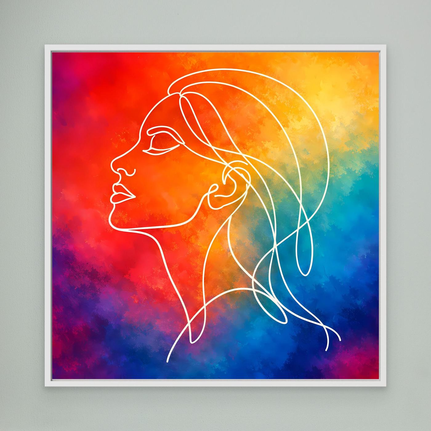Gerahmtes Leinwandbild mit abstrakter Frauen-Silhouette in Regenbogenfarben, weißer Rahmen