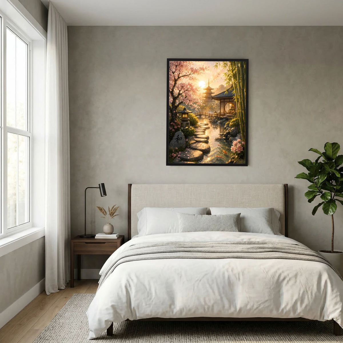 Hochformat-Poster Zen-Garten mit goldener Beleuchtung: Weg, Laternen und Pagode