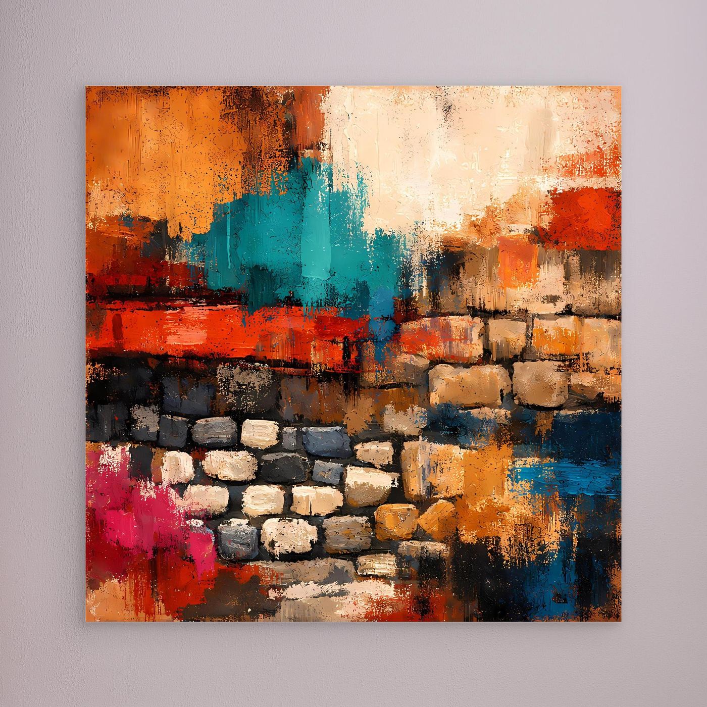 Leinwand-Wandbild mit abstrakter Steinmauer in Orange, Türkis, Rot und Blau