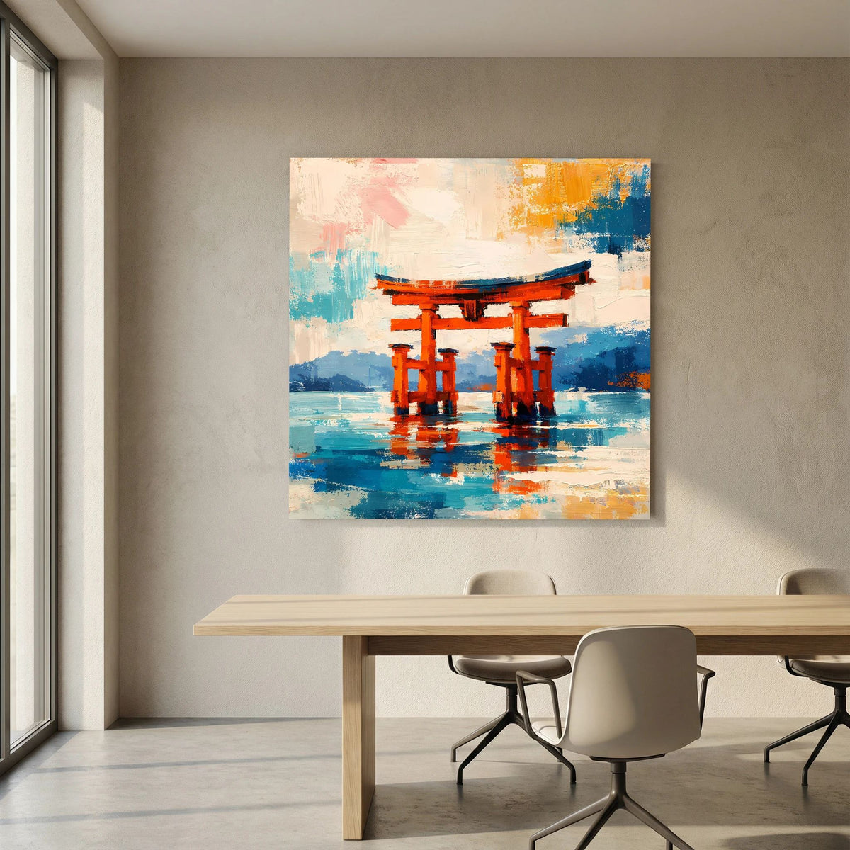 Leinwandbild auf Holzkeilrahmen: orange Torii-Tore mit Spiegelung im blau-beigen Wasser, abstrakt