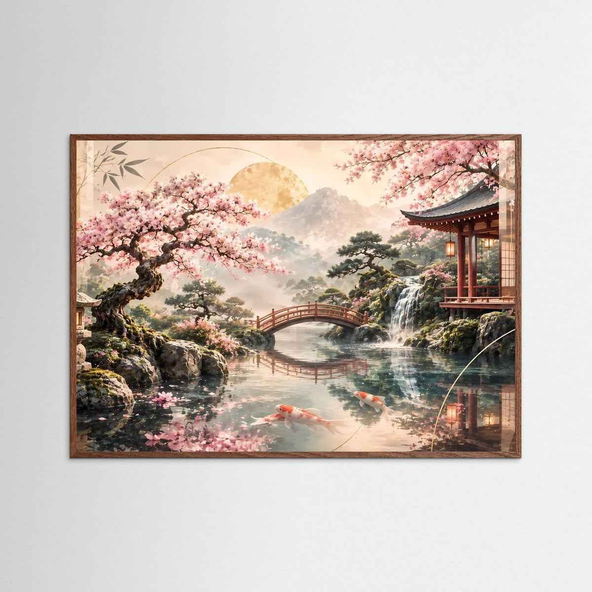 Zen-Garten-Poster im Querformat mit dunklem Holzrahmen; Kirschblüten, Koi im Fluss, Tempel