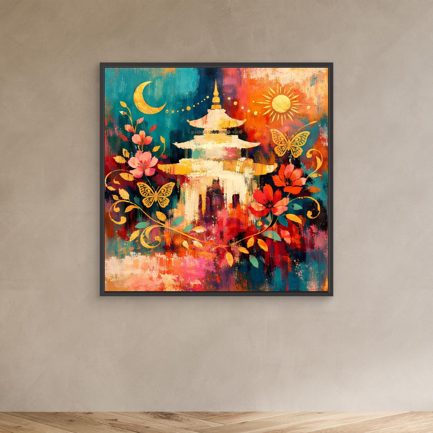 Wandbild mit goldener Pagode, Mond, Sonne, Blumen und Schmetterlingen im schwarzem Rahmen