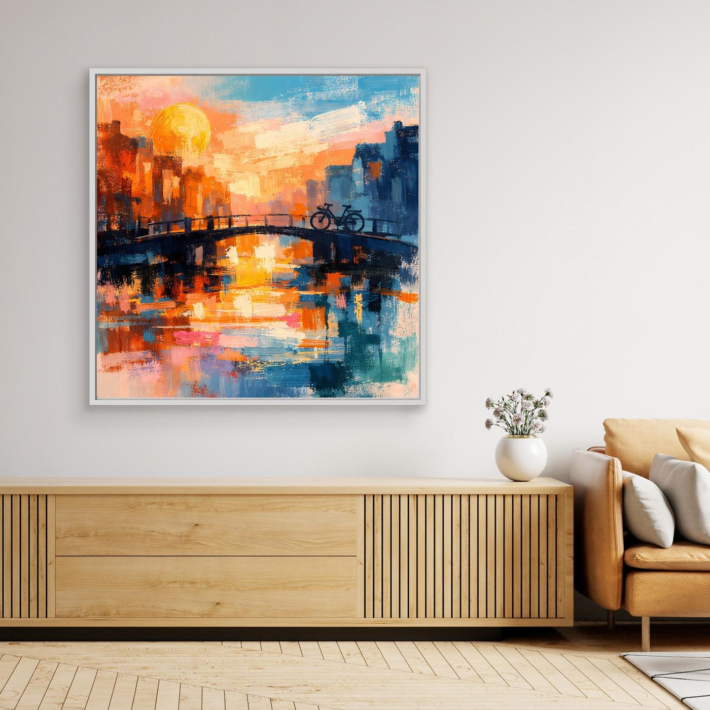 Leinwand Abstraktes Amsterdam Gemälde | Modernes Romantisches Grachten Wandbild mit Fahrrad