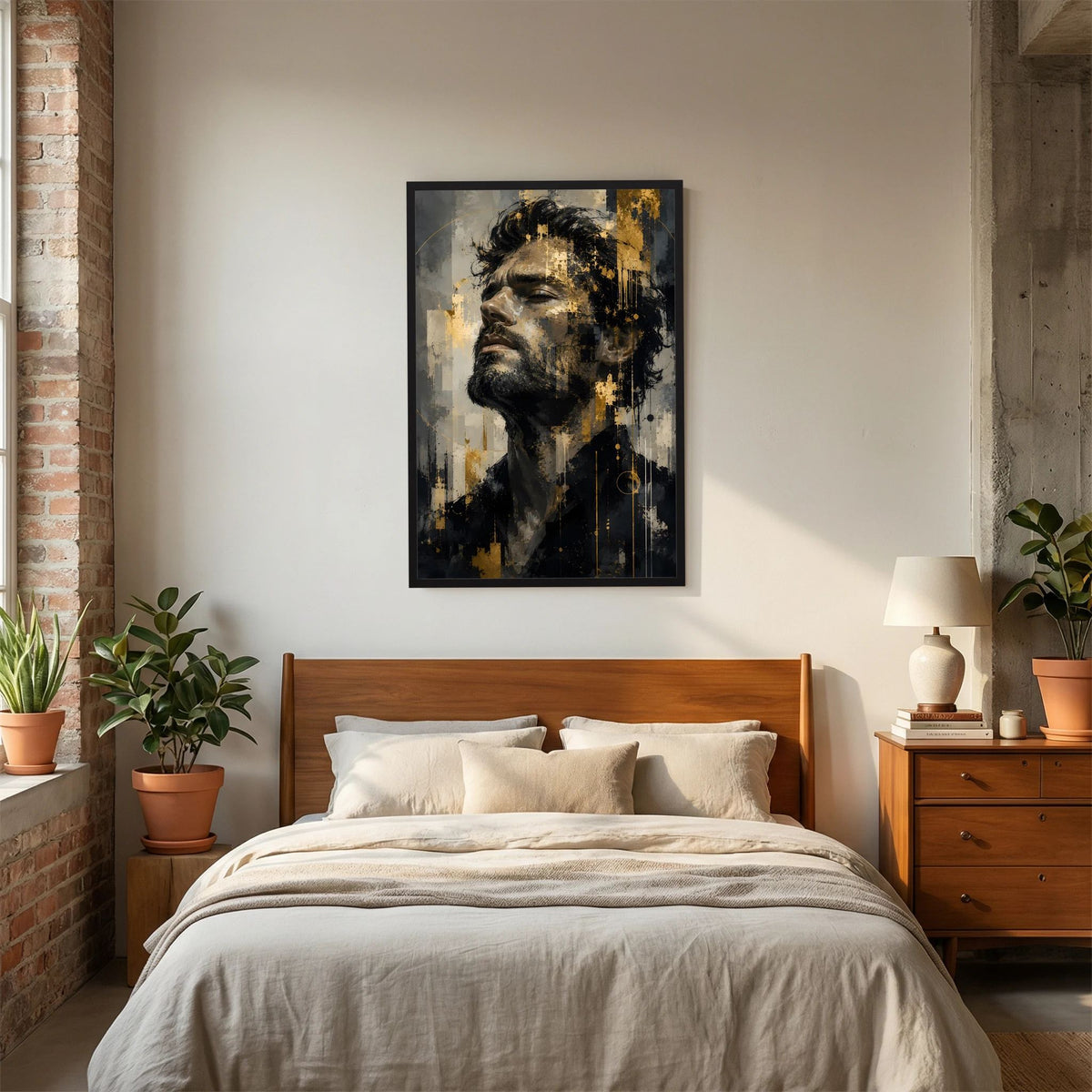 Kunstposter im Hochformat mit abstraktem Männerporträt in Schwarz, Grau & Gold, schwarzer Rahmen