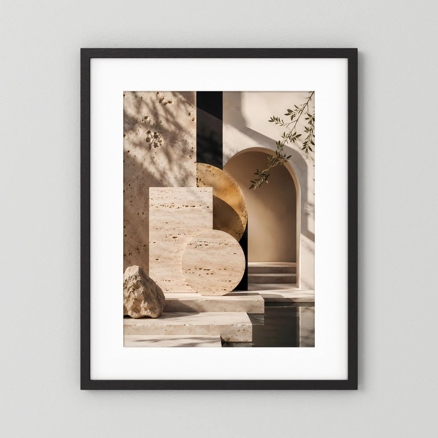 Kunstposter im Hochformat mit beige-goldener Architektur, schwarzer Rahmen