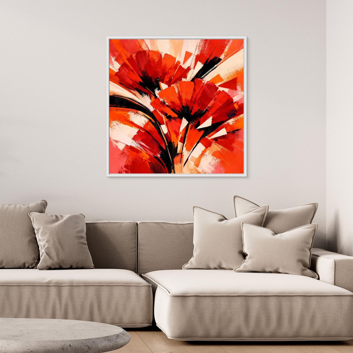 Abstraktes Mohn-Leinwandbild mit kräftigen Rot-Orange-Flächen und schwarzen Akzenten, ohne Rahmen sichtbar