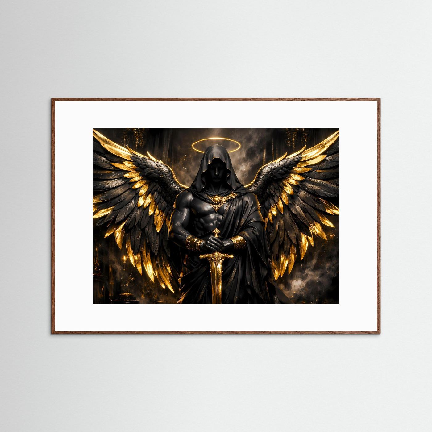 Dunkler Engel mit Goldflügeln & Schwert | Mystisches Wandbild Querformat