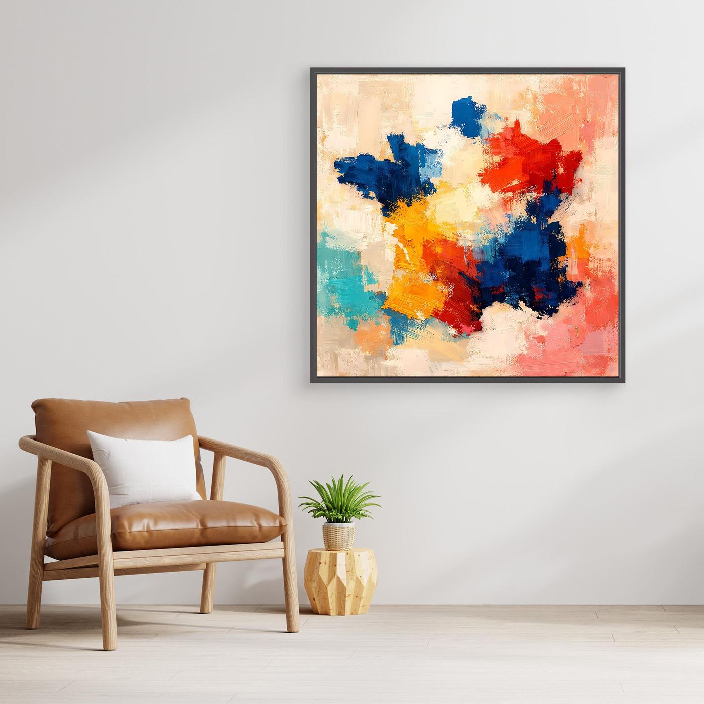 Abstract canvas wall art with blue, red, yellow, and teal paint splashes, dark frame.