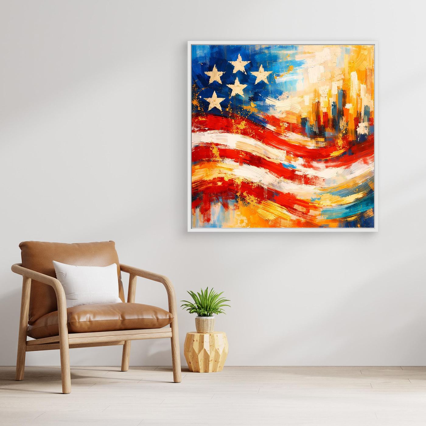 Gerahmtes Leinwandbild mit abstrakter US-Flagge und Skyline, Sterne und Streifen