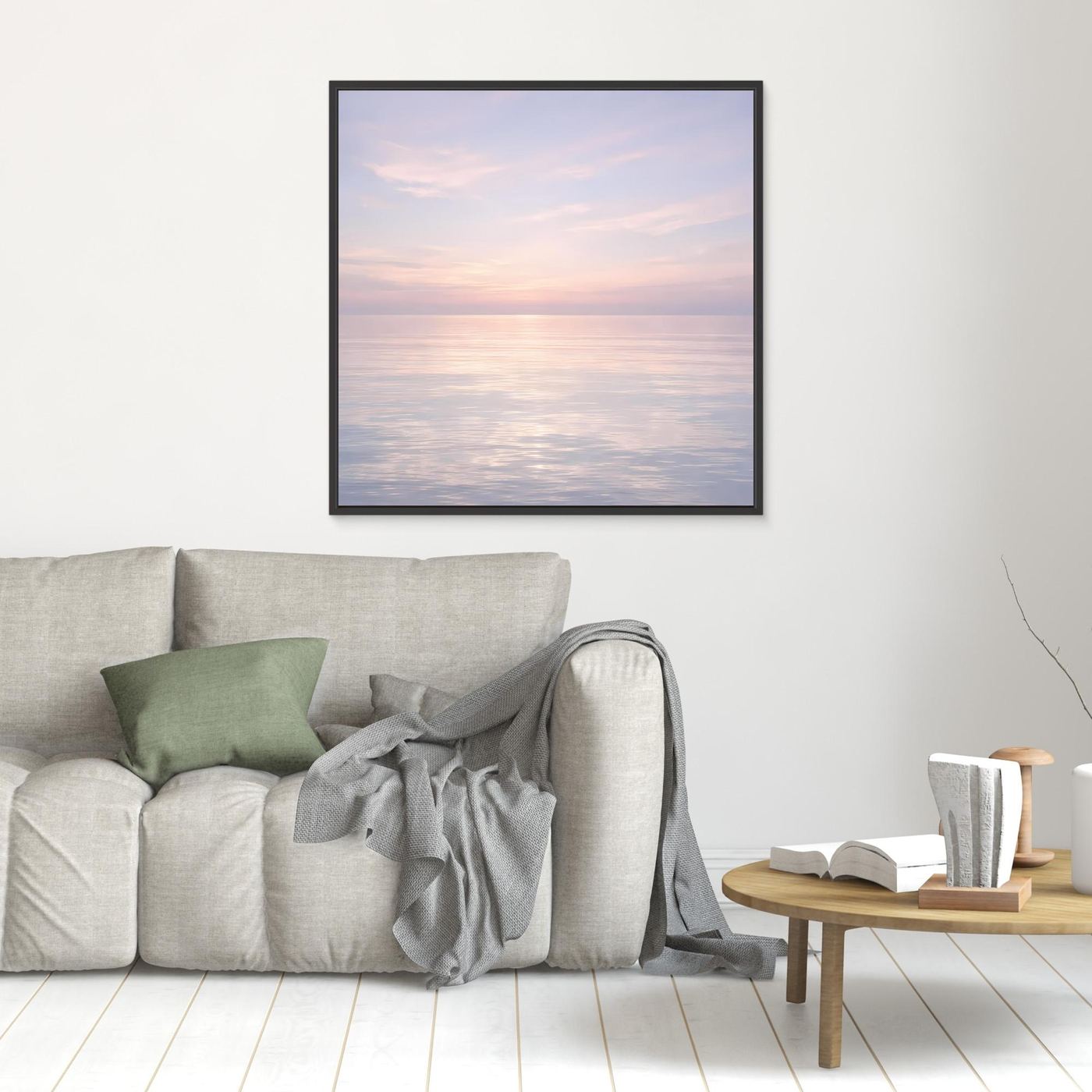 Kleines Leinwandbild mit schwarzem Rahmen, ruhiges Pastellmeer mit Sonnenuntergangshimmel