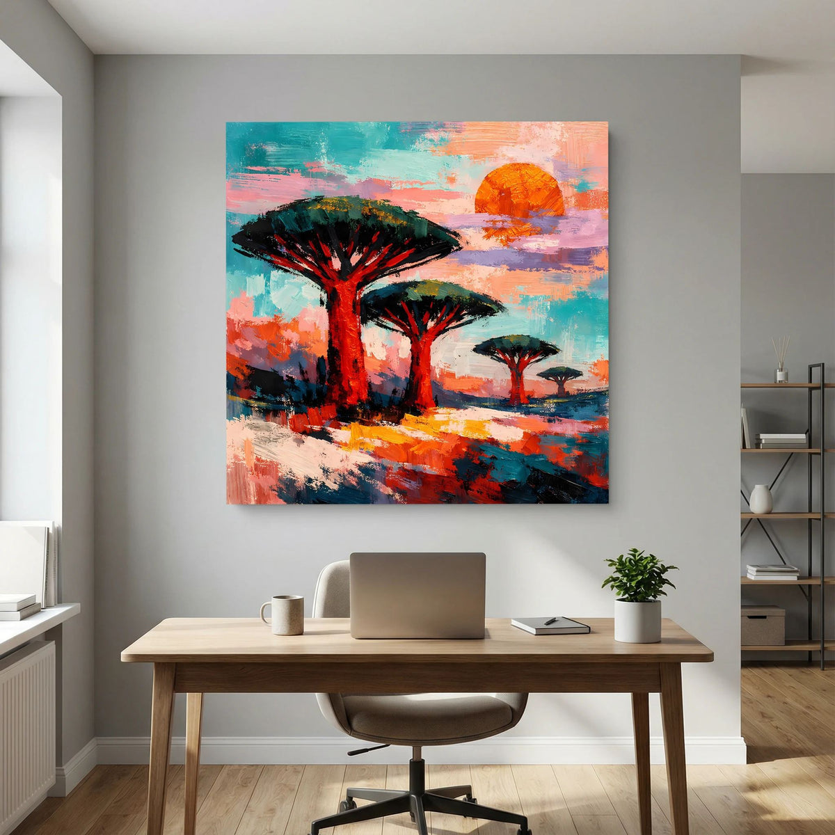 Abstraktes Leinwandbild mit großem Savannenbaum, kleinen Bäumen und orangefarbener Sonne