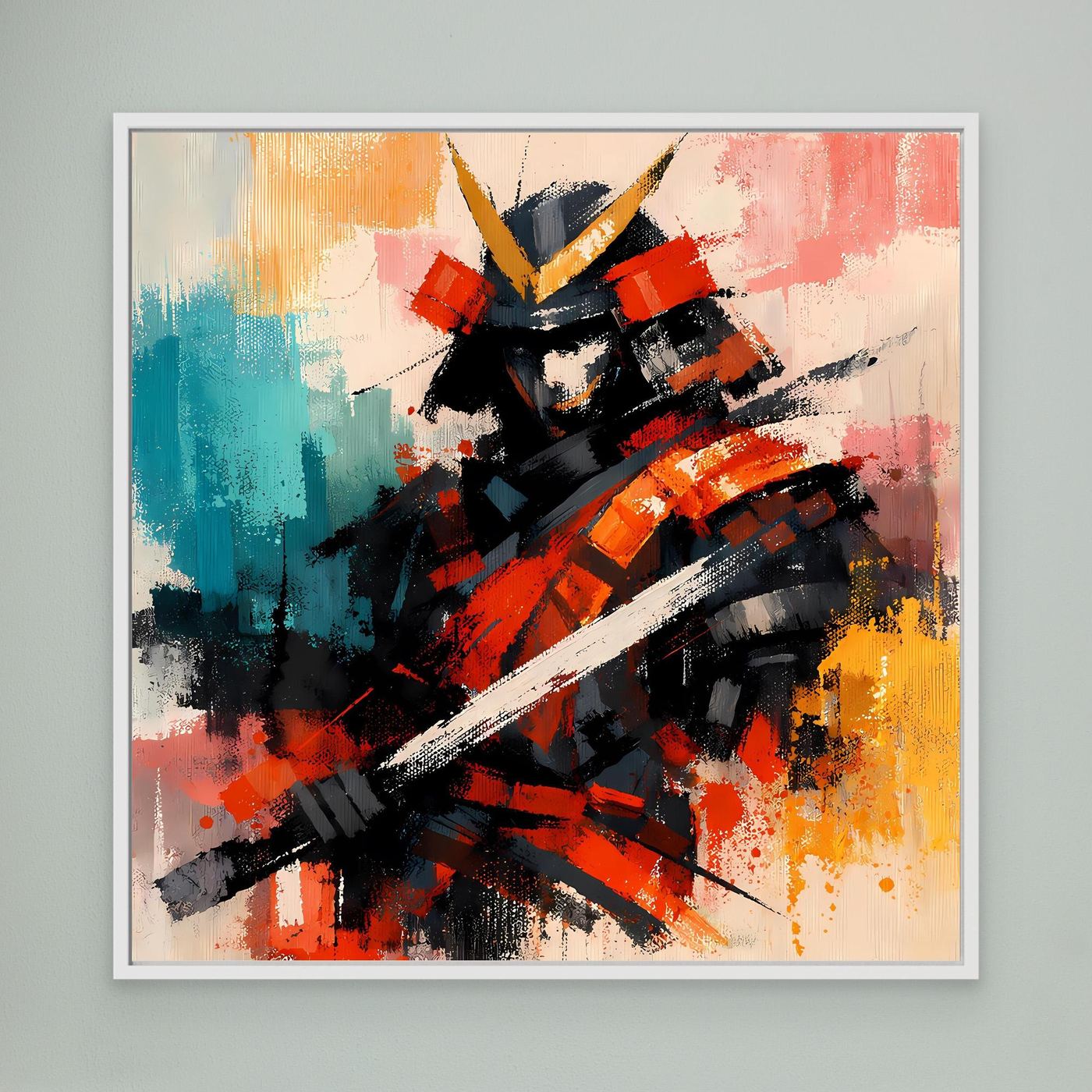 Wandbild auf Leinwand mit abstraktem Samurai-Krieger, weißer Rahmen