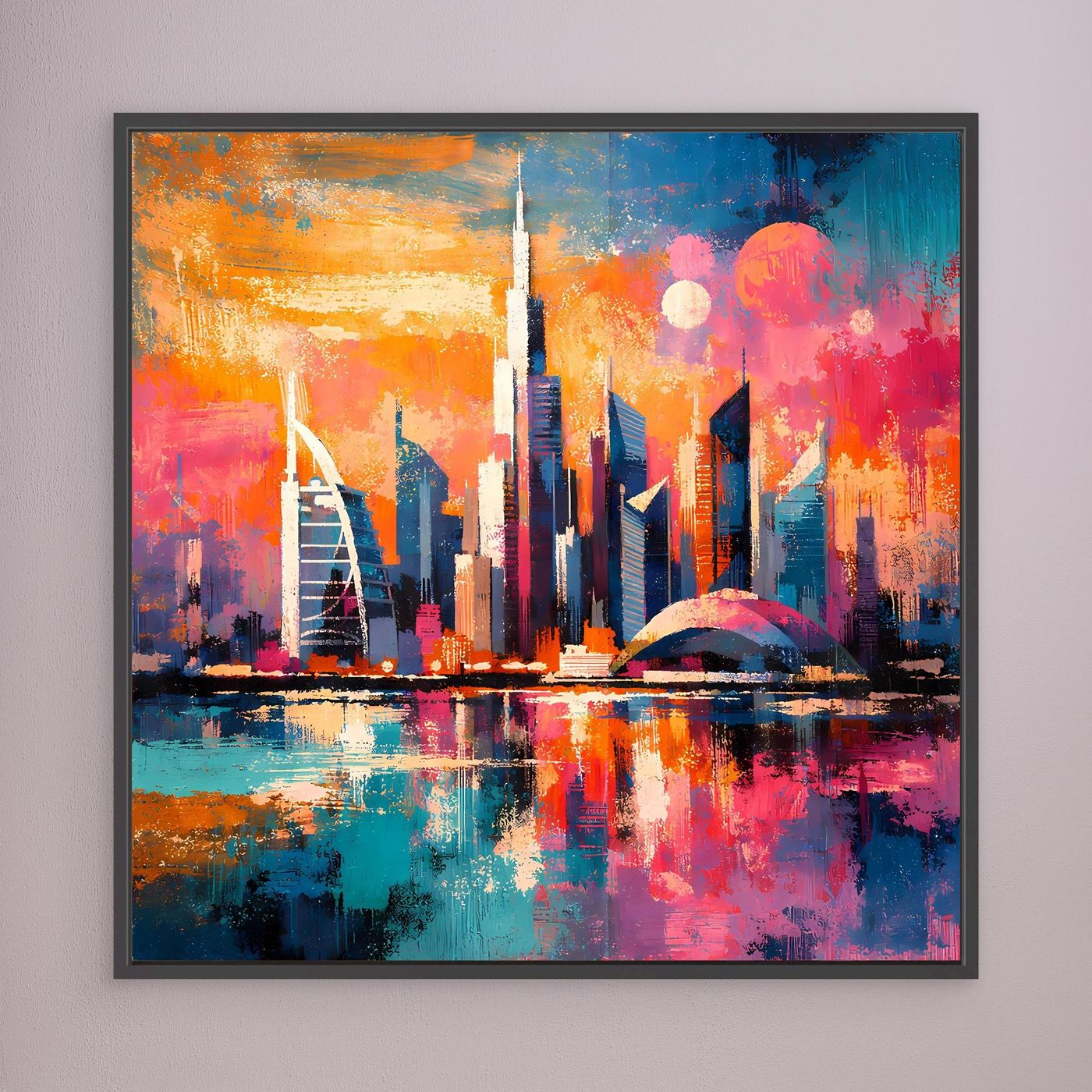 Abstraktes Leinwandbild mit bunter Dubai-Skyline bei Nacht, dunkler Rahmen, Wasserreflexion