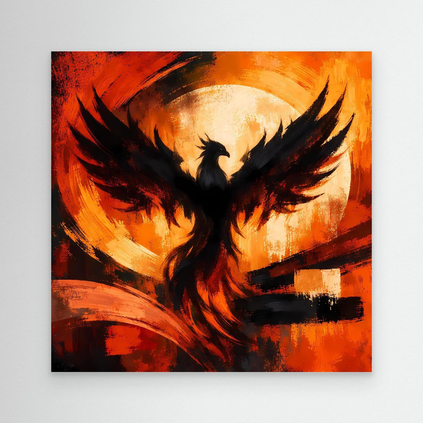 Leinwandbild mit abstraktem Phönixmotiv: schwarzer Vogel in Rot-Orange