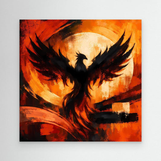 Leinwandbild mit abstraktem Phönixmotiv: schwarzer Vogel in Rot-Orange