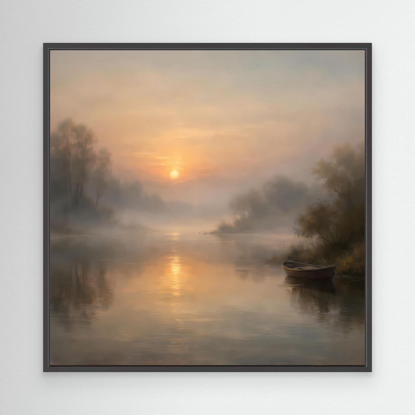 Leinwandbild im schwarzen Rahmen: nebliger Flussmorgen mit Sonnenaufgang, Boot und Uferbäumen