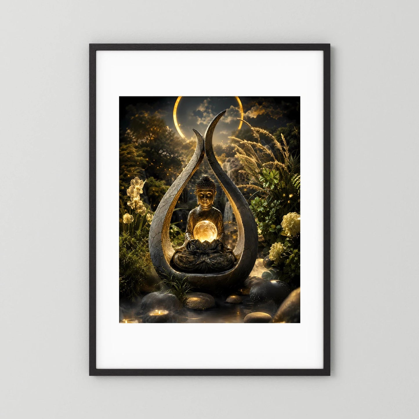 Hochformatiges Kunstposter: meditierrender Buddha und goldene Lichtkugel im Tropfen-Relief, schwarzer Rahmen