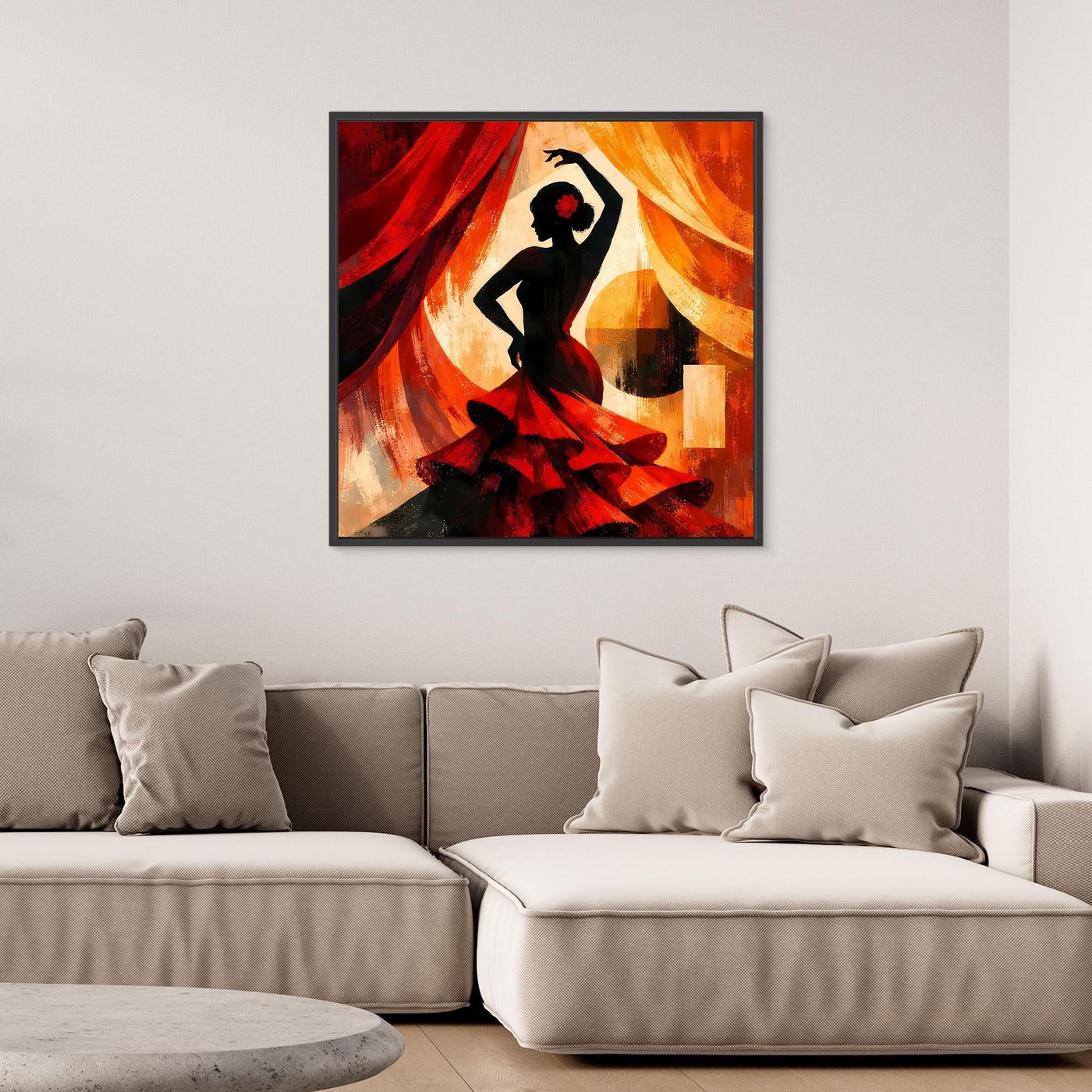 Gerahmtes Leinwandbild mit Flamenco-Silhouette: schwarze Tänzerin, rote und orange Vorhänge
