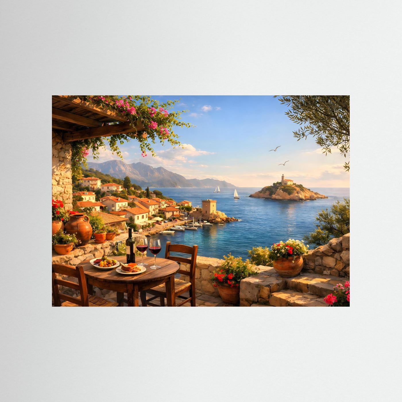 Mediterrane Terrasse mit Meerblick & Wein | Sommer Panorama Poster Querformat
